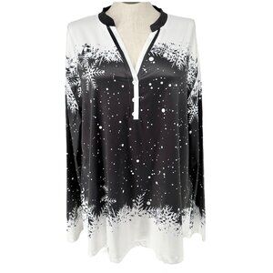 Snowflake Print Womens Top fits like 3XL US Black White LS V-Neck Poly Spandex